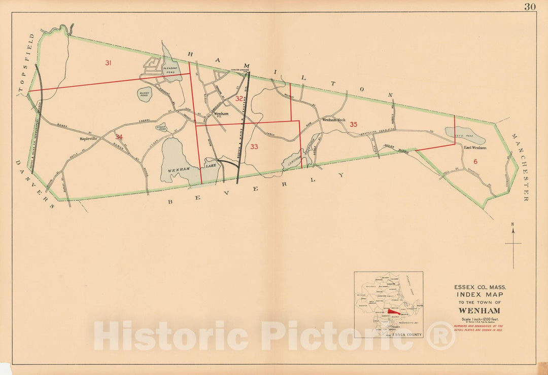 Historic Map : Atlas Towns of Topsfield, Ipswich, Essex, Hamilton and Wenham, Essex County, MA, Wenham 1910 Plate 030 , Vintage Wall Art