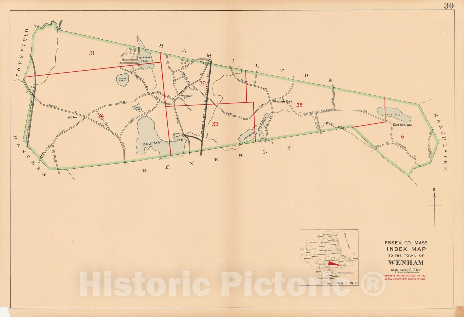 Historic Map : Atlas Towns of Topsfield, Ipswich, Essex, Hamilton and Wenham, Essex County, MA, Wenham 1910 Plate 030 , Vintage Wall Art