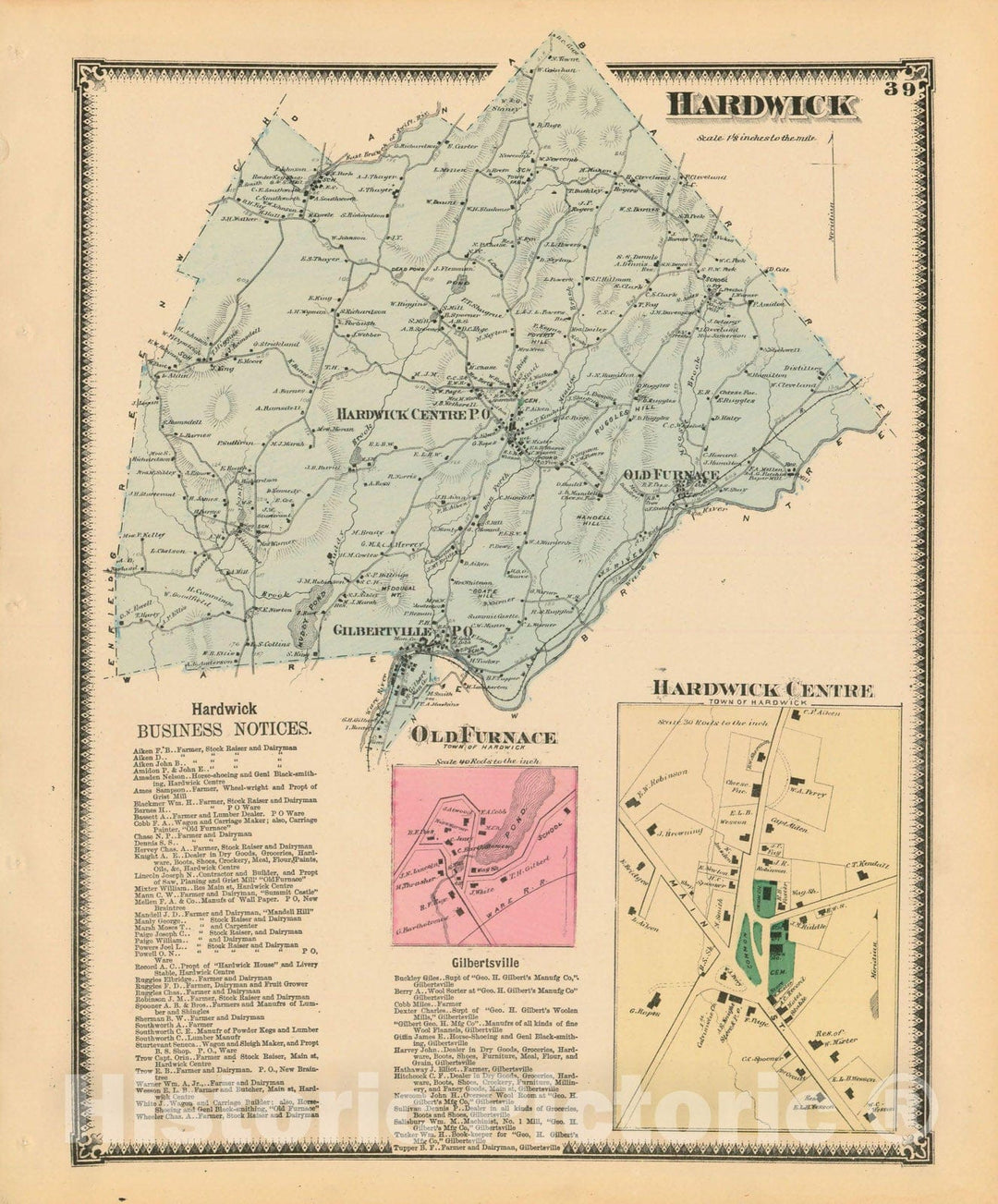 Historic Map : Atlas of Worcester County, Massachsuetts, Hardwick 1870 , Vintage Wall Art