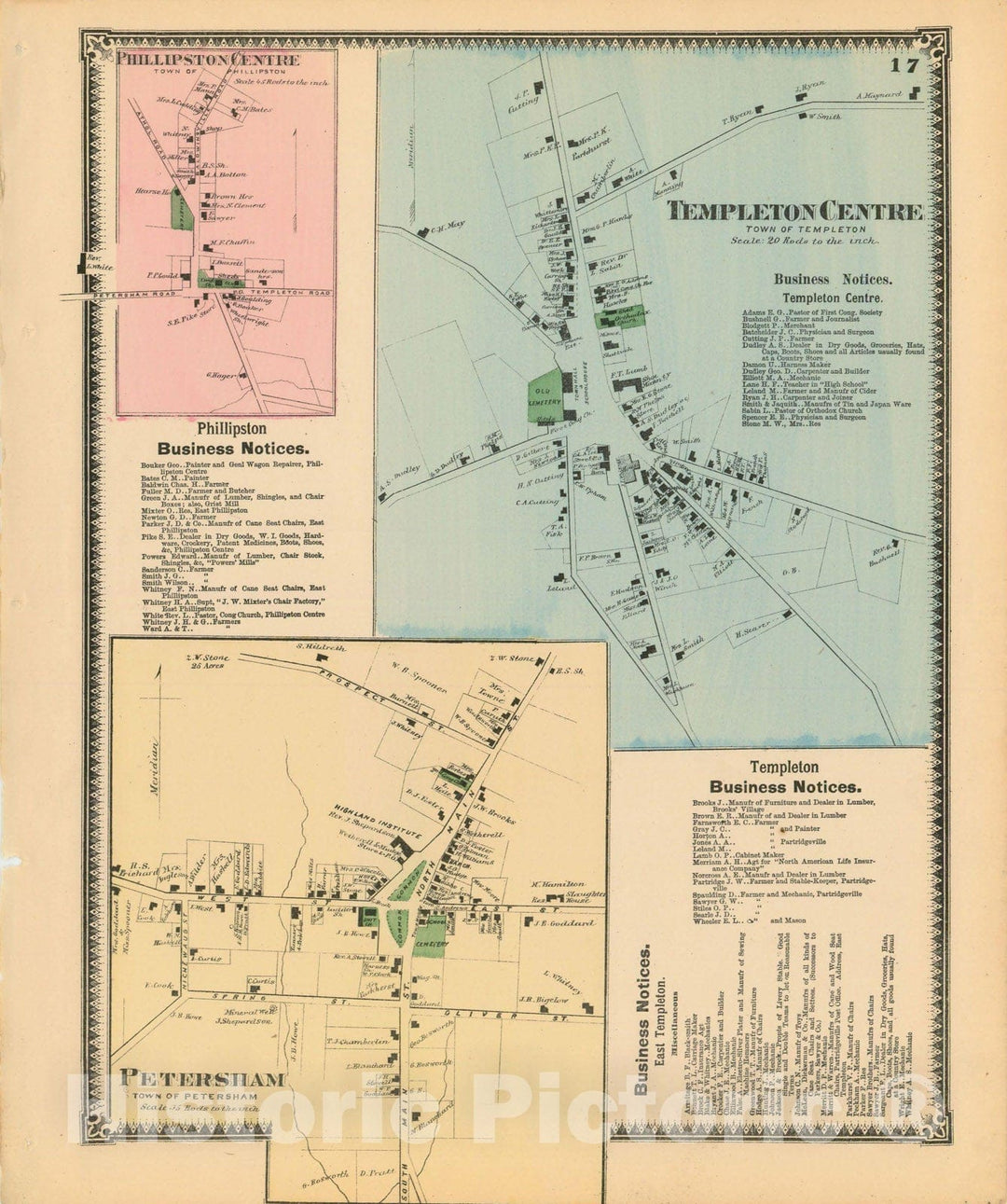 Historic Map : Atlas of Worcester County, Massachsuetts, Templeton 1870 , Vintage Wall Art