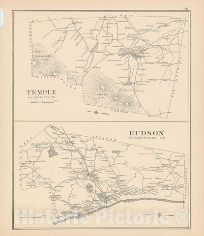 Historic Map : Hudson & Temple 1892 , Town and City Atlas State of New Hampshire , Vintage Wall Art