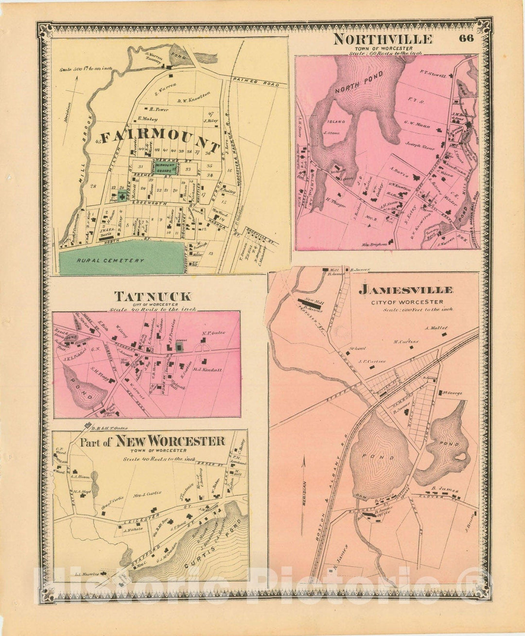 Historic Map : Atlas of Worcester County, Massachsuetts, Worcester 1870 , v2, Vintage Wall Art