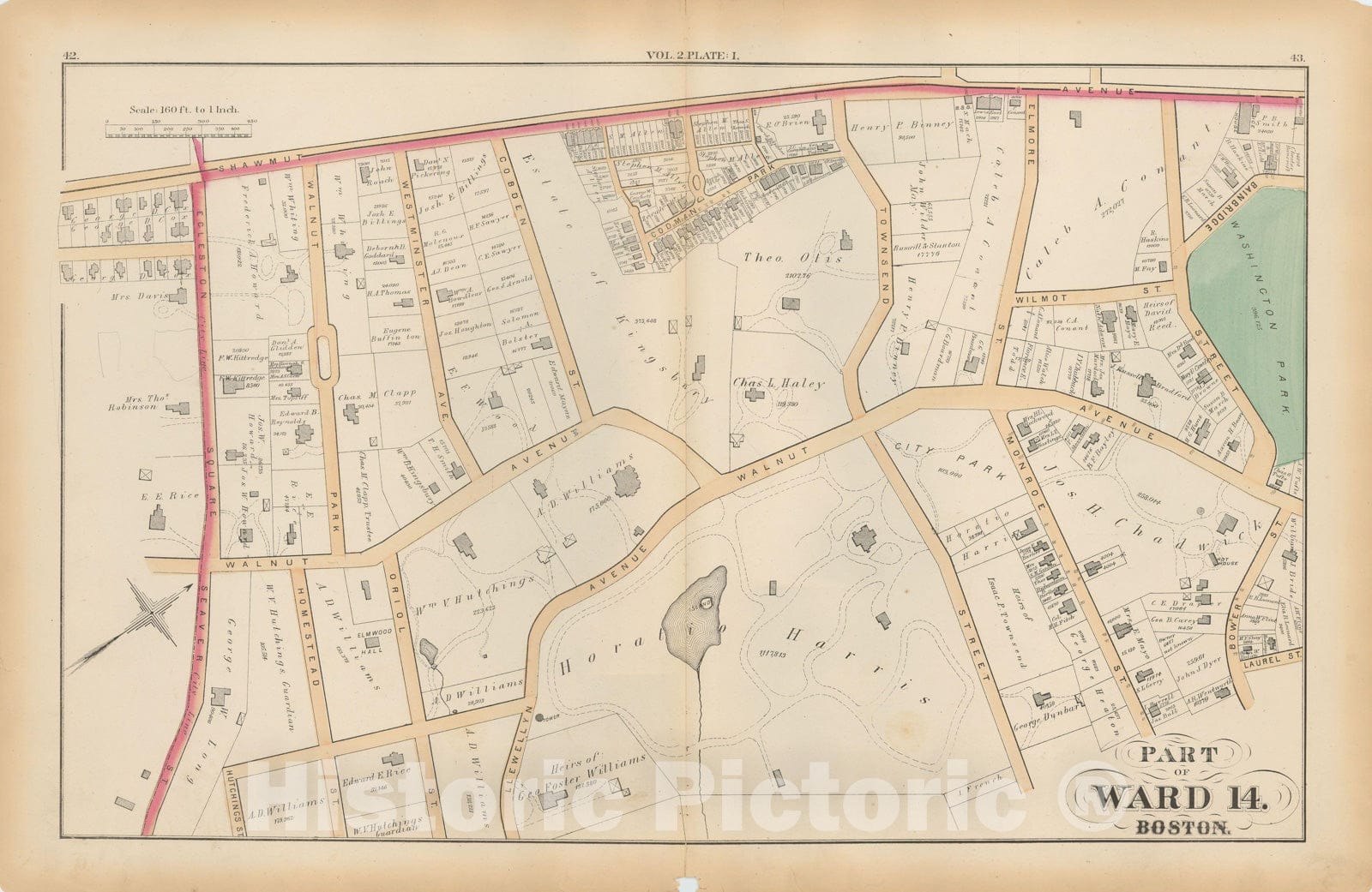 Historic Map : Atlas of County of Suffolk, MA Vol. 2nd, Roxbury 1873 Plate I , Vintage Wall Art