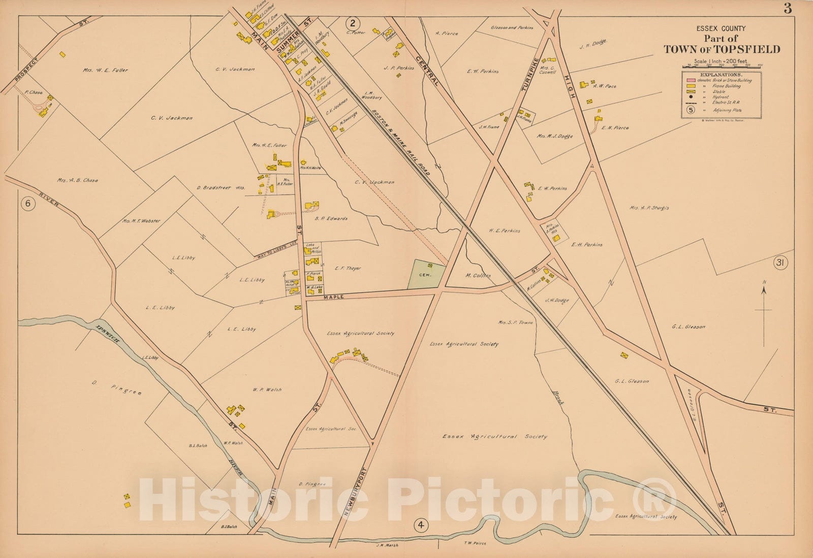 Historic Map : Atlas Towns of Topsfield, Ipswich, Essex, Hamilton and Wenham, Essex County, MA, Topsfield 1910 Plate 003 , Vintage Wall Art