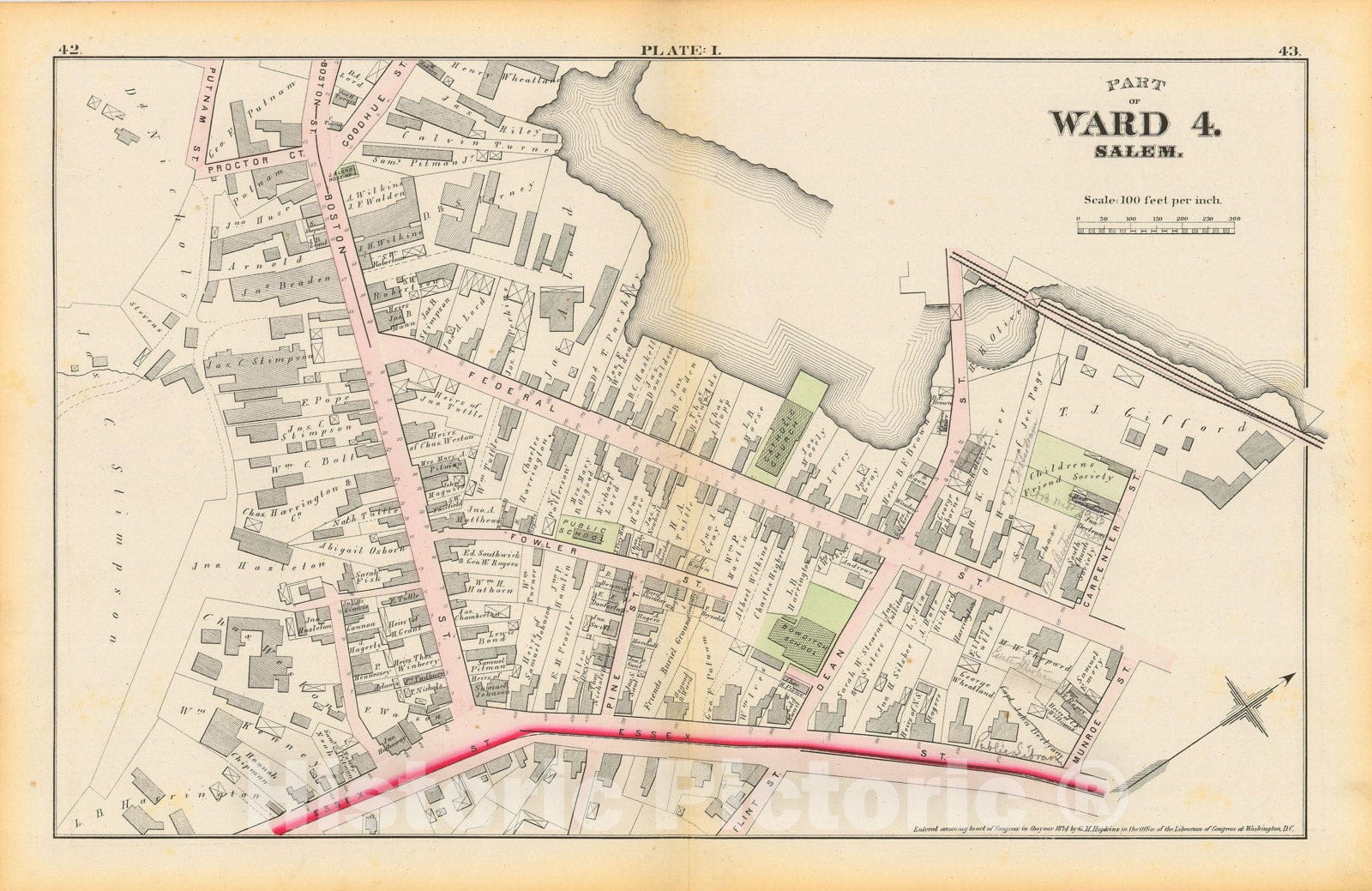 Historic Map : Atlas City of Salem, Massachusetts, Salem 1874 Plate I , Vintage Wall Art