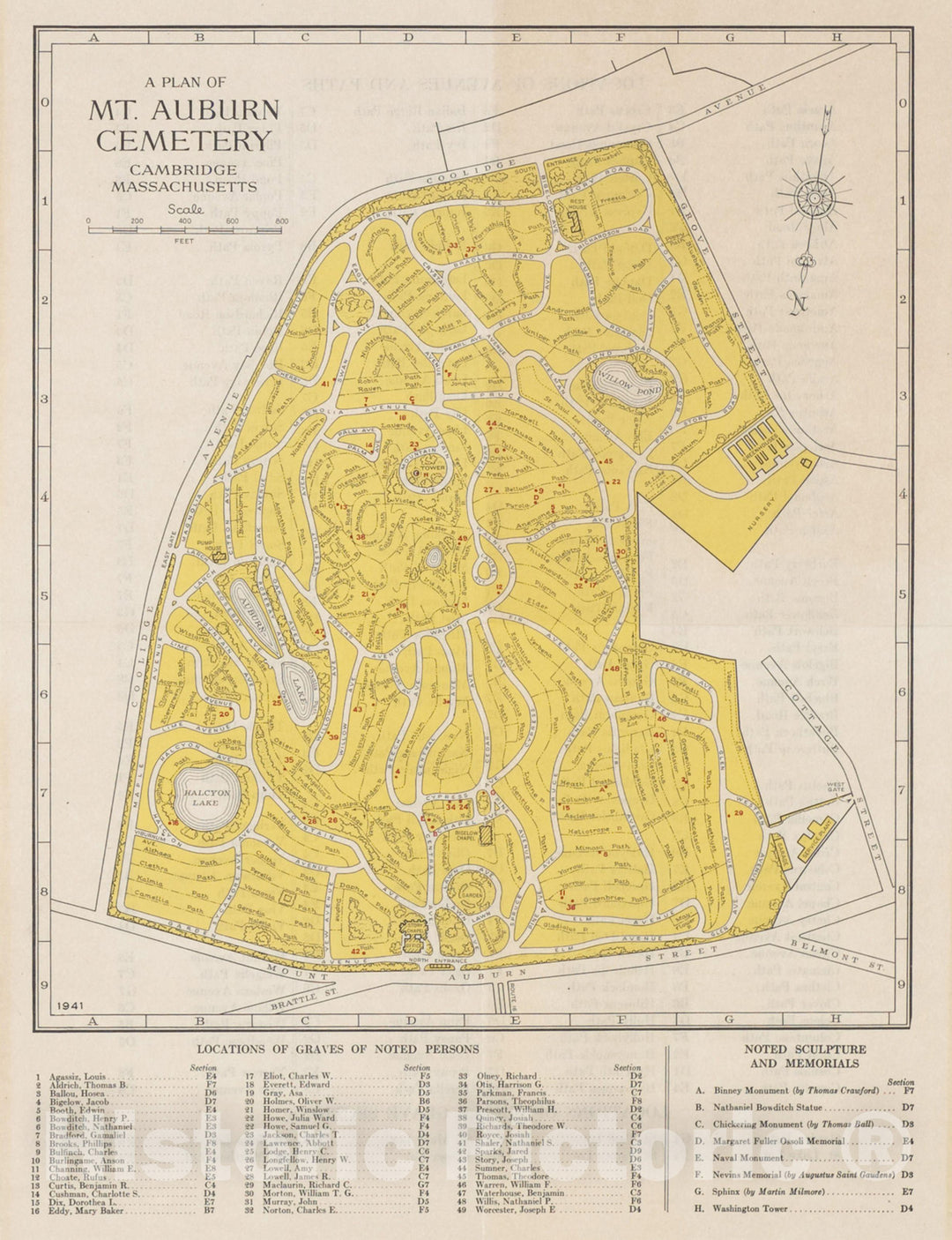 Historic Map : Mount Auburn Cemetery 1941 , Vintage Wall Art