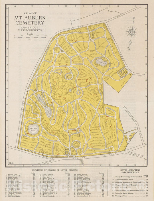 Historic Map : Mount Auburn Cemetery 1941 , Vintage Wall Art