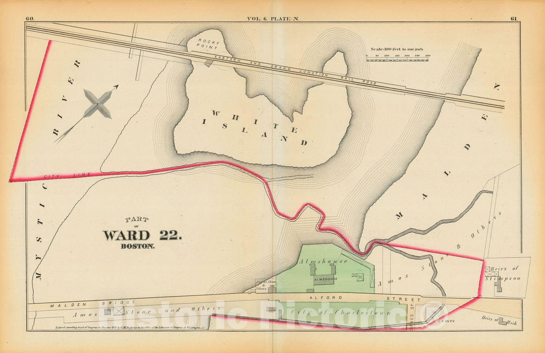 Historic Map : Atlas County of Suffolk, Massachusetts Vol. 6, Charlestown 1875 Plate N , Vintage Wall Art
