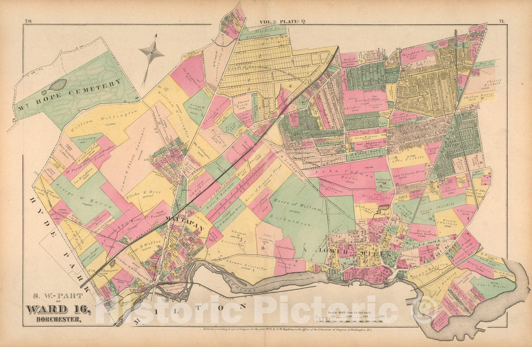 Historic Map : Atlas of County of Suffolk, MA Vol. 3rd, Dorchester 1874 Plate Q , Vintage Wall Art