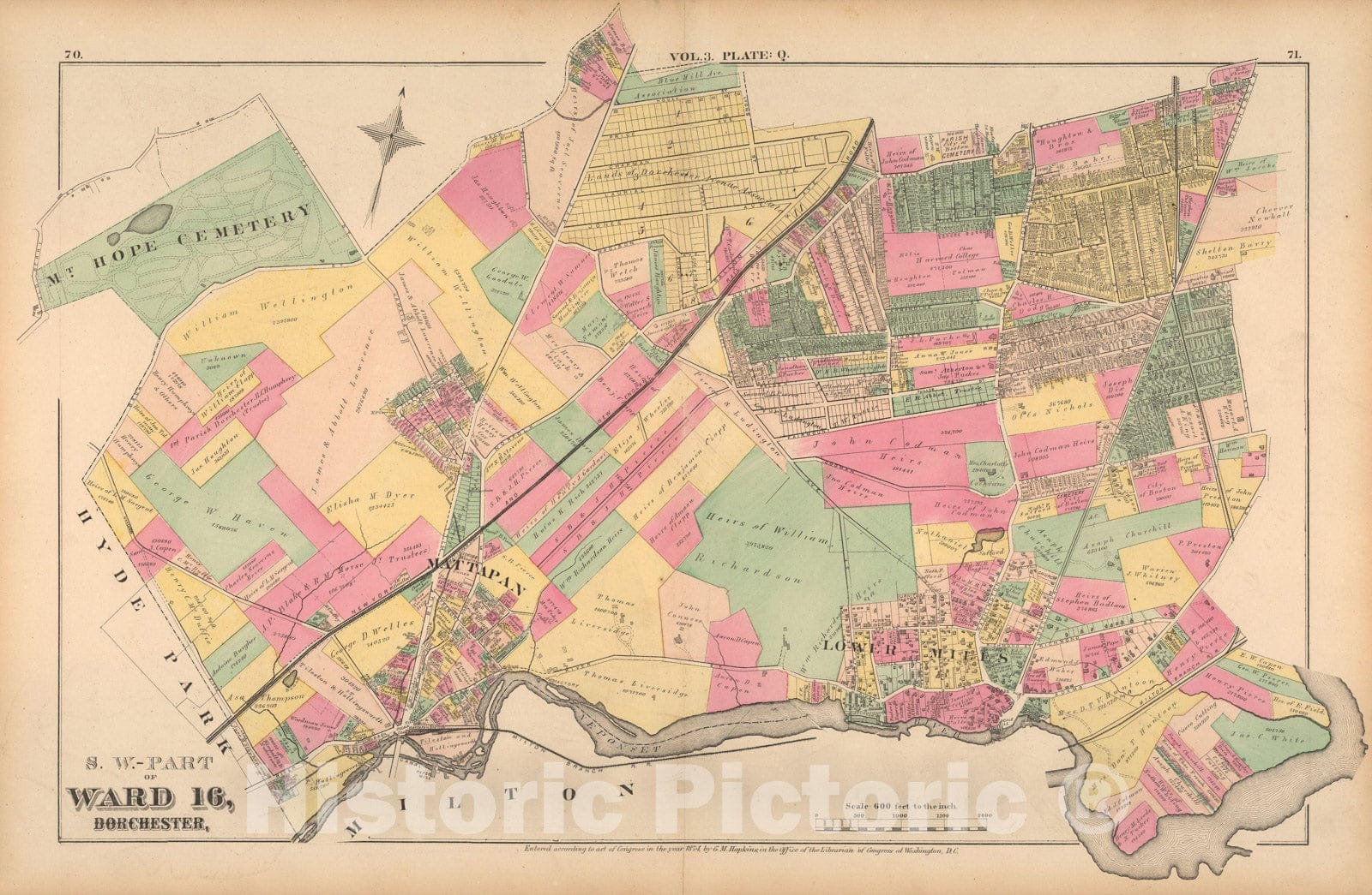 Historic Map : Atlas of County of Suffolk, MA Vol. 3rd, Dorchester 1874 Plate Q , Vintage Wall Art
