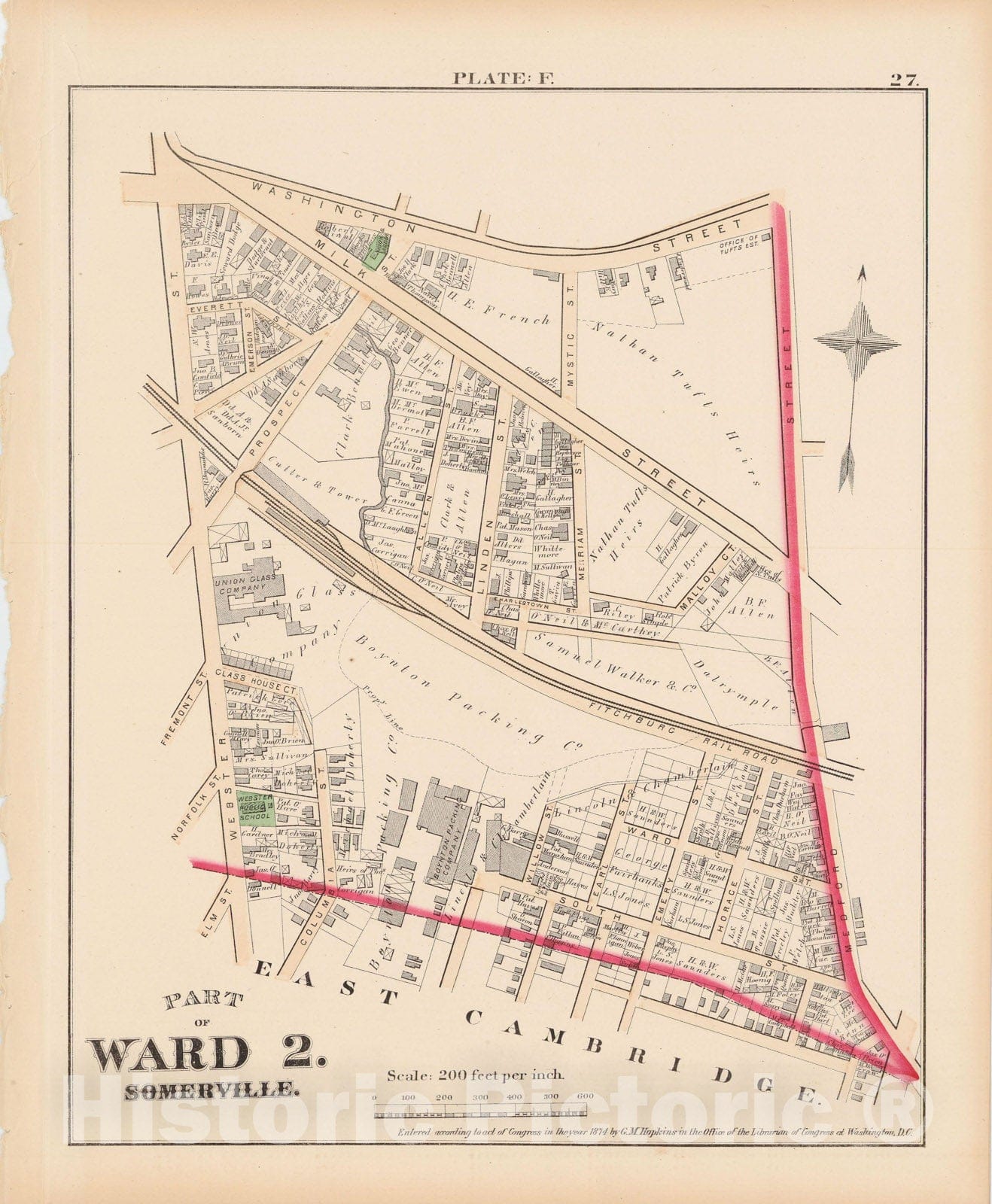 Historic Map : Atlas City of Somerville, Somerville 1874 Plate F , Vintage Wall Art