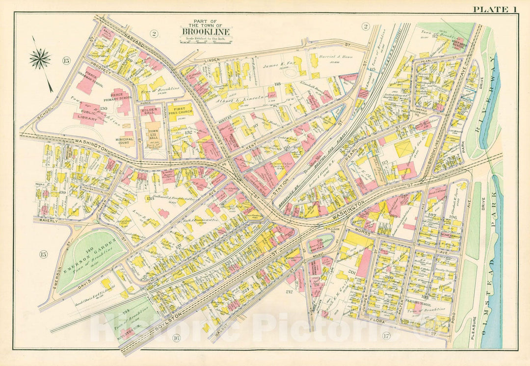 Historic Map : Atlas Town of Brookline, Norfolk County Massachusetts, Brookline 1913 Plate 001 , Vintage Wall Art