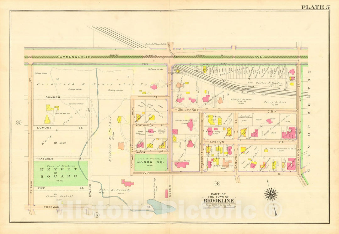 Historic Map : Atlas Town of Brookline, Norfolk County Massachusetts, Brookline 1913 Plate 005 , Vintage Wall Art