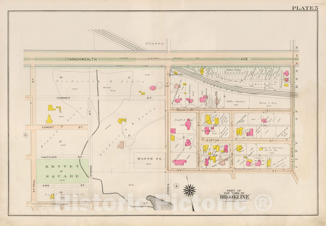 Historic Map : Atlas Town of Brookline, Brookline 1907 Plate 005 , Vintage Wall Art