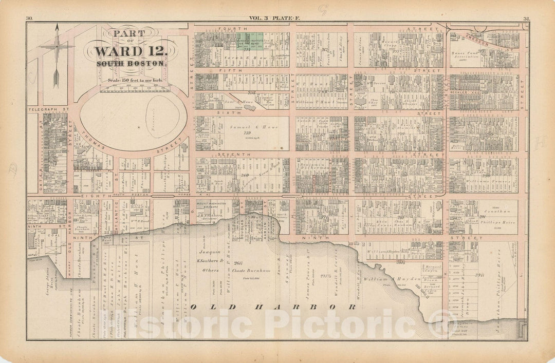 Historic Map : Atlas of County of Suffolk, MA Vol. 3rd, South Boston 1874 Plate F , Vintage Wall Art