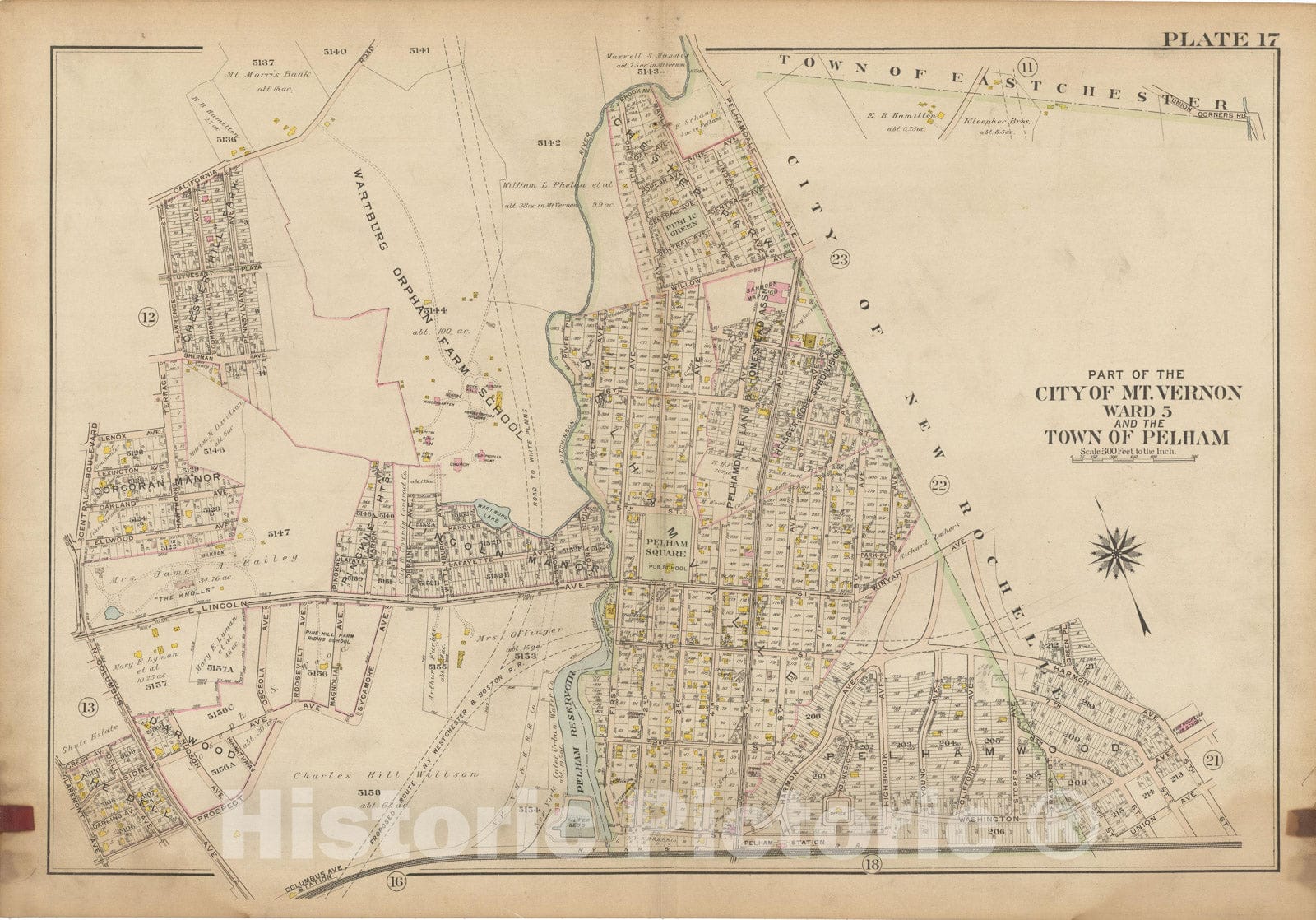 Historic Map : Atlas of Westchester County, NY, Vol. 1, Mount Vernon & Pelham 1910 Plate 017 , Vintage Wall Art