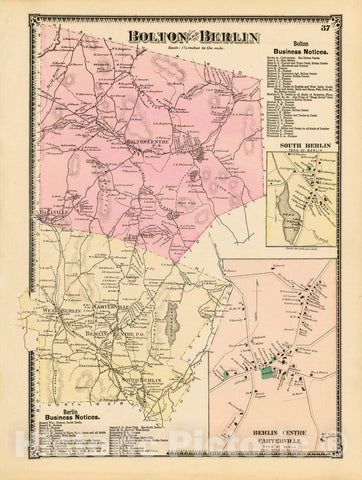 Historic Map : Atlas of Worcester County, Massachsuetts, Berlin & Bolton 1870 , Vintage Wall Art