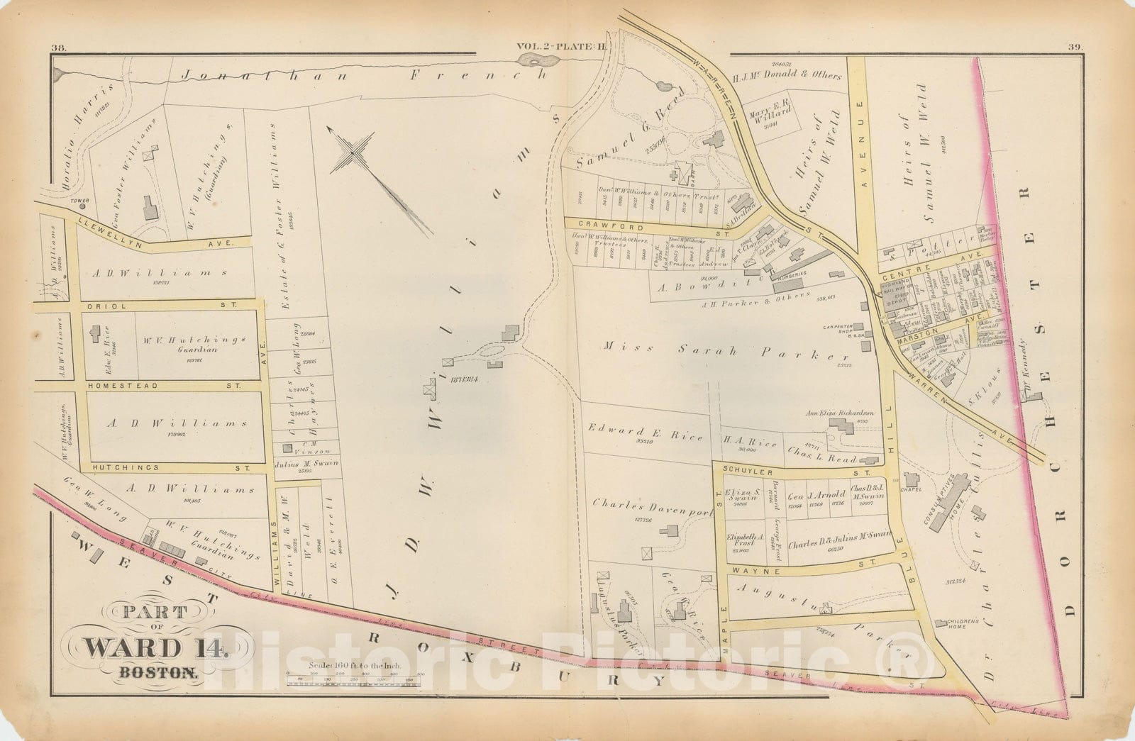 Historic Map : Atlas of County of Suffolk, MA Vol. 2nd, Roxbury 1873 Plate H , Vintage Wall Art