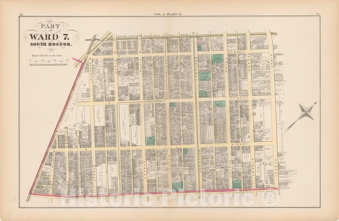 Historic Map : Atlas of County of Suffolk, MA Vol. 3rd, South Boston 1874 Plate B , Vintage Wall Art