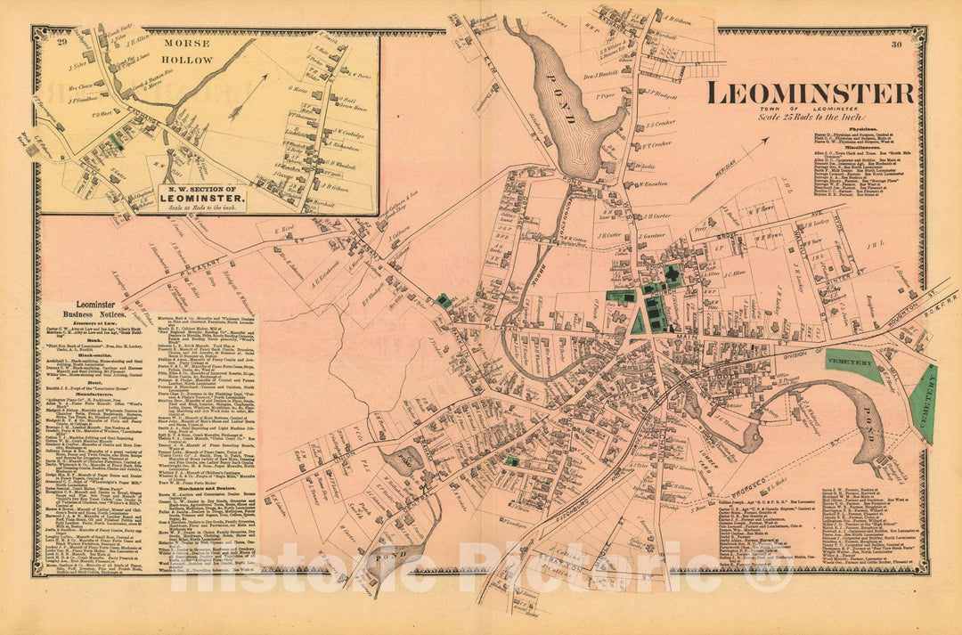 Historic Map : Atlas of Worcester County, Massachsuetts, Leominster 1870 , Vintage Wall Art