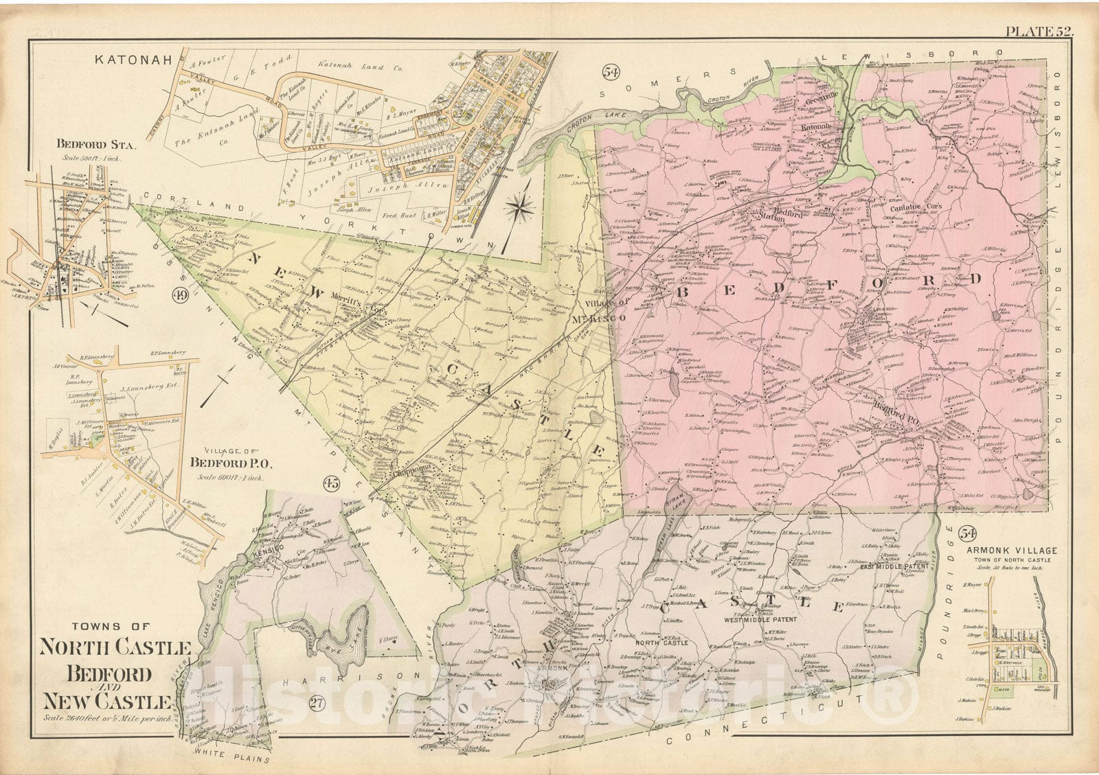 Historic Map : Atlas of Westchester County, Bedford & New Castle & North Castle 1901 Plate 052 , Vintage Wall Art
