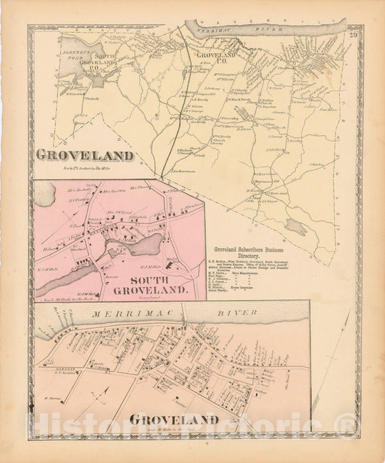Historic Map : Atlas of Essex County Massachusetts, Groveland 1872 , Vintage Wall Art