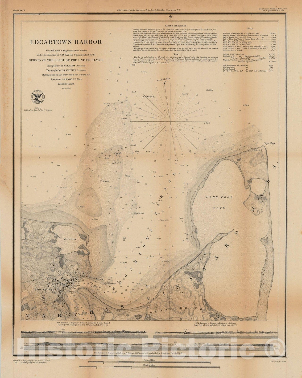 Historic Map : Edgartown & Martha's Vineyard 1853 Topographic Map , Vintage Wall Art
