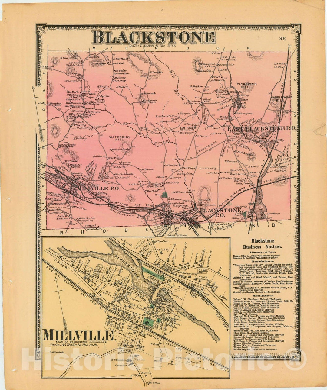 Historic Map : Atlas of Worcester County, Massachsuetts, Blackstone 1870 , v2, Vintage Wall Art