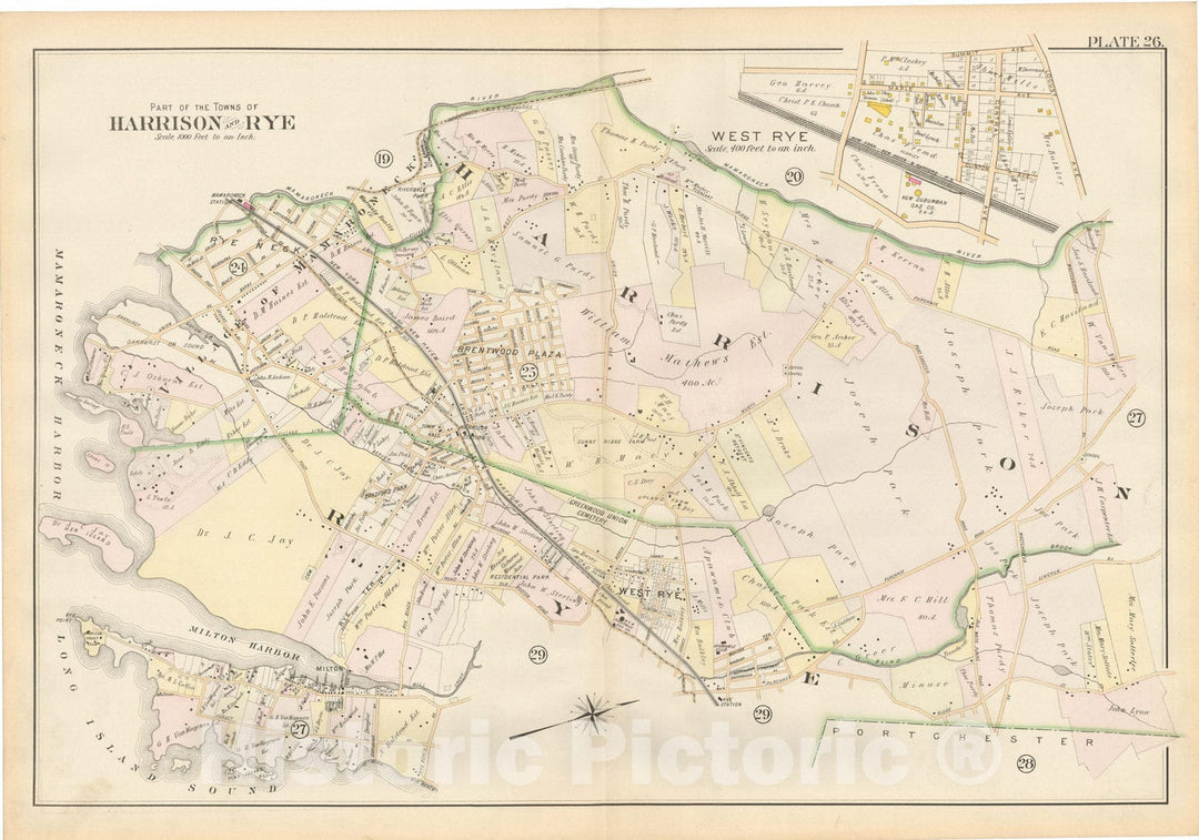 Historic Map : Atlas of Westchester County, Harrison & Mamaroneck & Rye 1901 Plate 026 , Vintage Wall Art