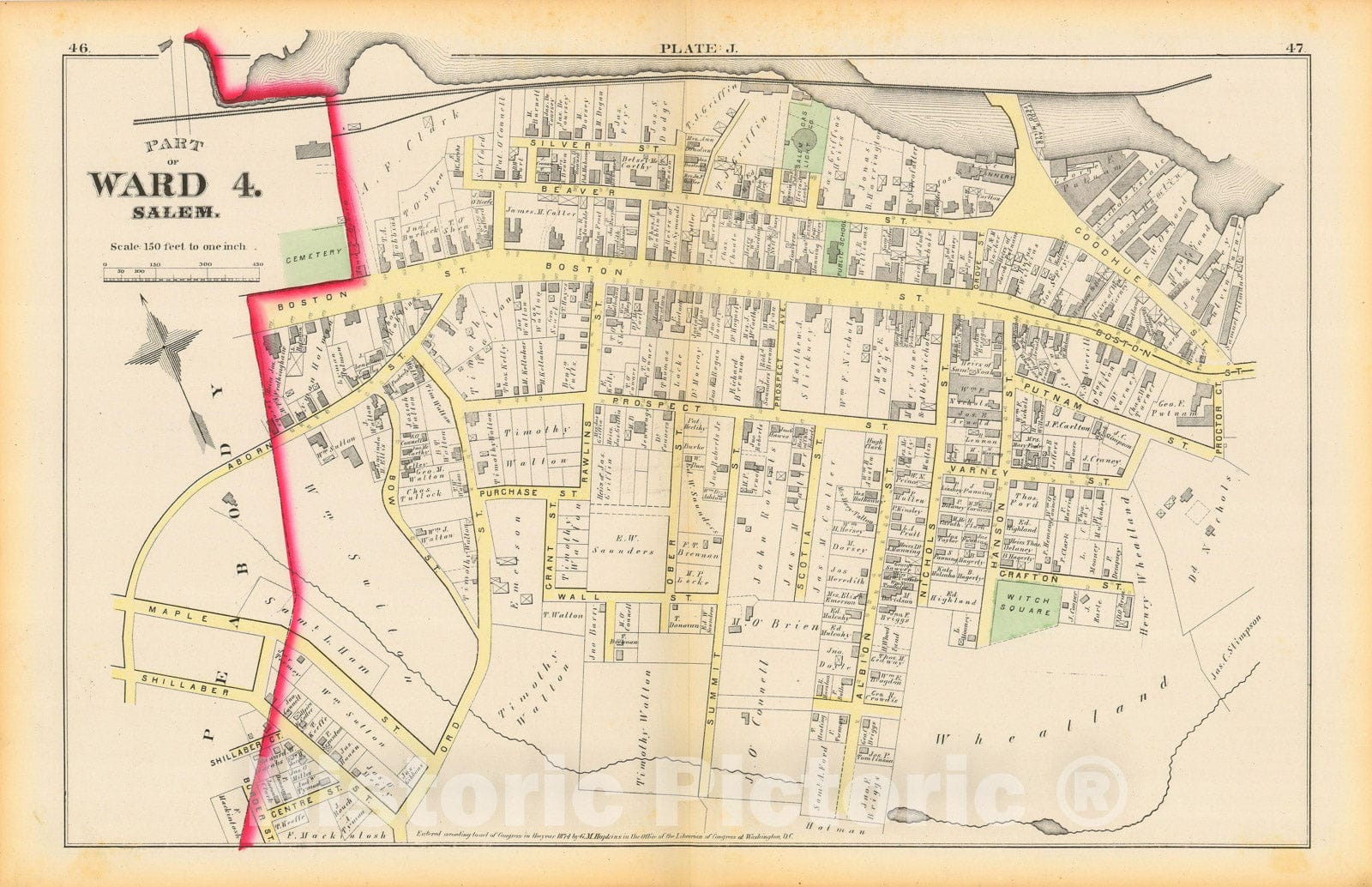 Historic Map : Atlas City of Salem, Massachusetts, Salem 1874 Plate J , Vintage Wall Art