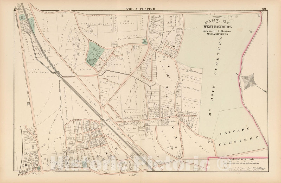 Historic Map : Atlas of County of Suffolk, MA, Vol. 5th, West Roxbury 1874 Plate H , Vintage Wall Art