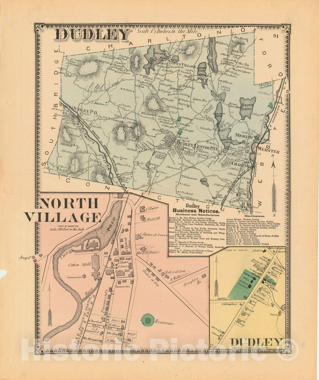 Historic Map : Atlas of Worcester County, Massachsuetts, Dudley 1870 , Vintage Wall Art