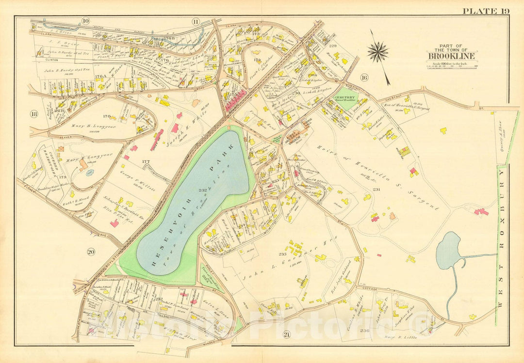 Historic Map : Atlas Town of Brookline, Norfolk County Massachusetts, Brookline 1913 Plate 019 , Vintage Wall Art