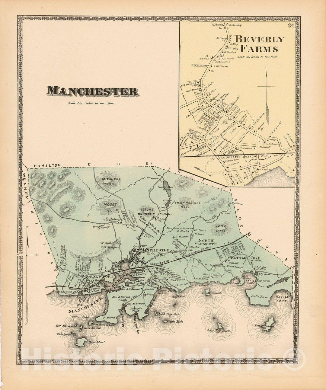 Historic Map : Atlas of Essex County Massachusetts, Manchester & Manchester By The Sea 1872 , v2, Vintage Wall Art