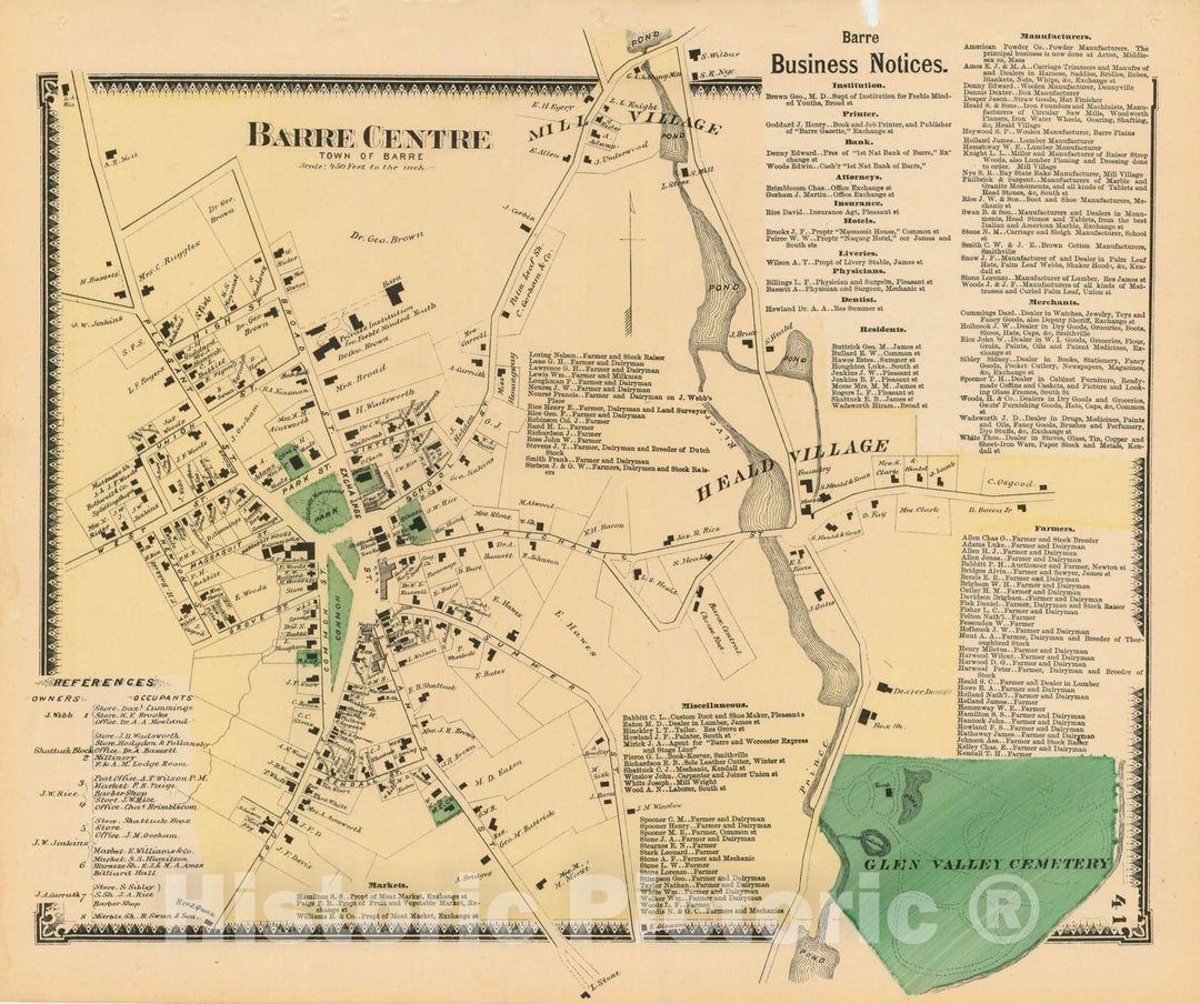 Historic Map : Atlas of Worcester County, Massachsuetts, Barre 1870 , Vintage Wall Art