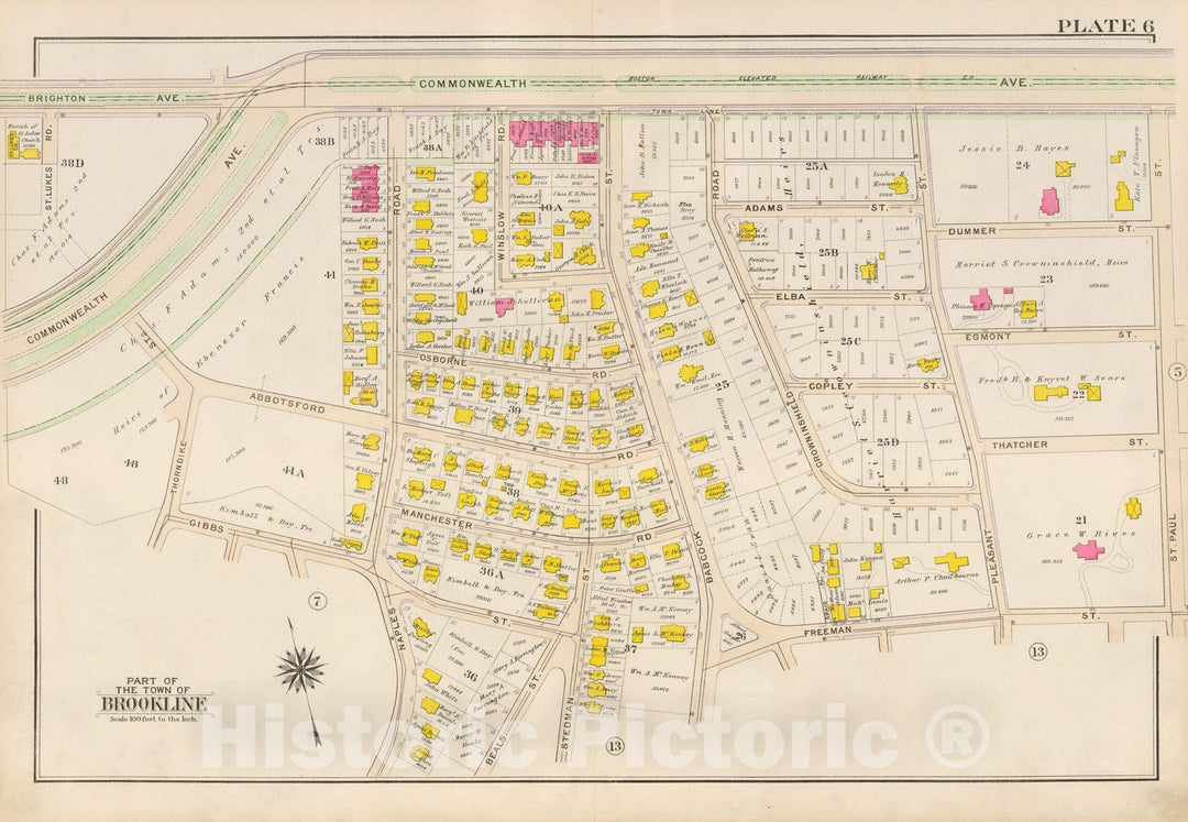 Historic Map : Atlas Town of Brookline, Brookline 1907 Plate 006 , Vintage Wall Art