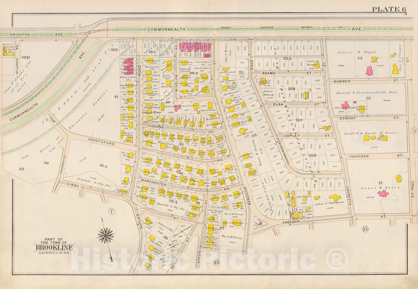 Historic Map : Atlas Town of Brookline, Brookline 1907 Plate 006 , Vintage Wall Art
