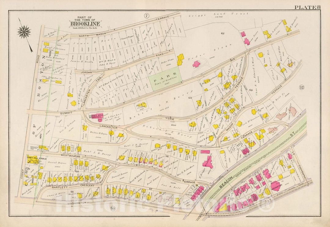 Historic Map : Atlas Town of Brookline, Brookline 1907 Plate 008 , Vintage Wall Art