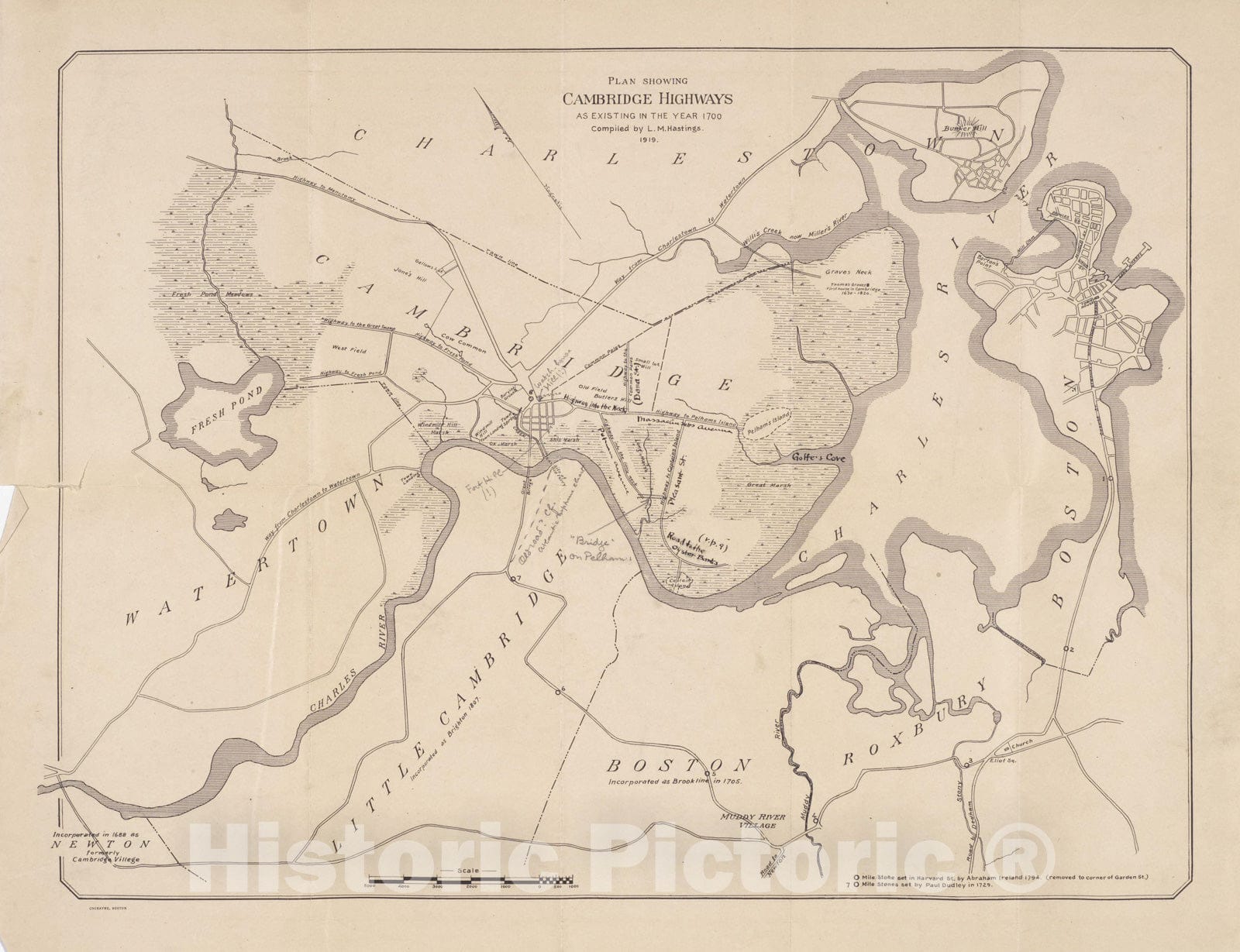 Historic Map : Allston & Boston & Cambridge & Charlestown & Watertown 1700 , Vintage Wall Art