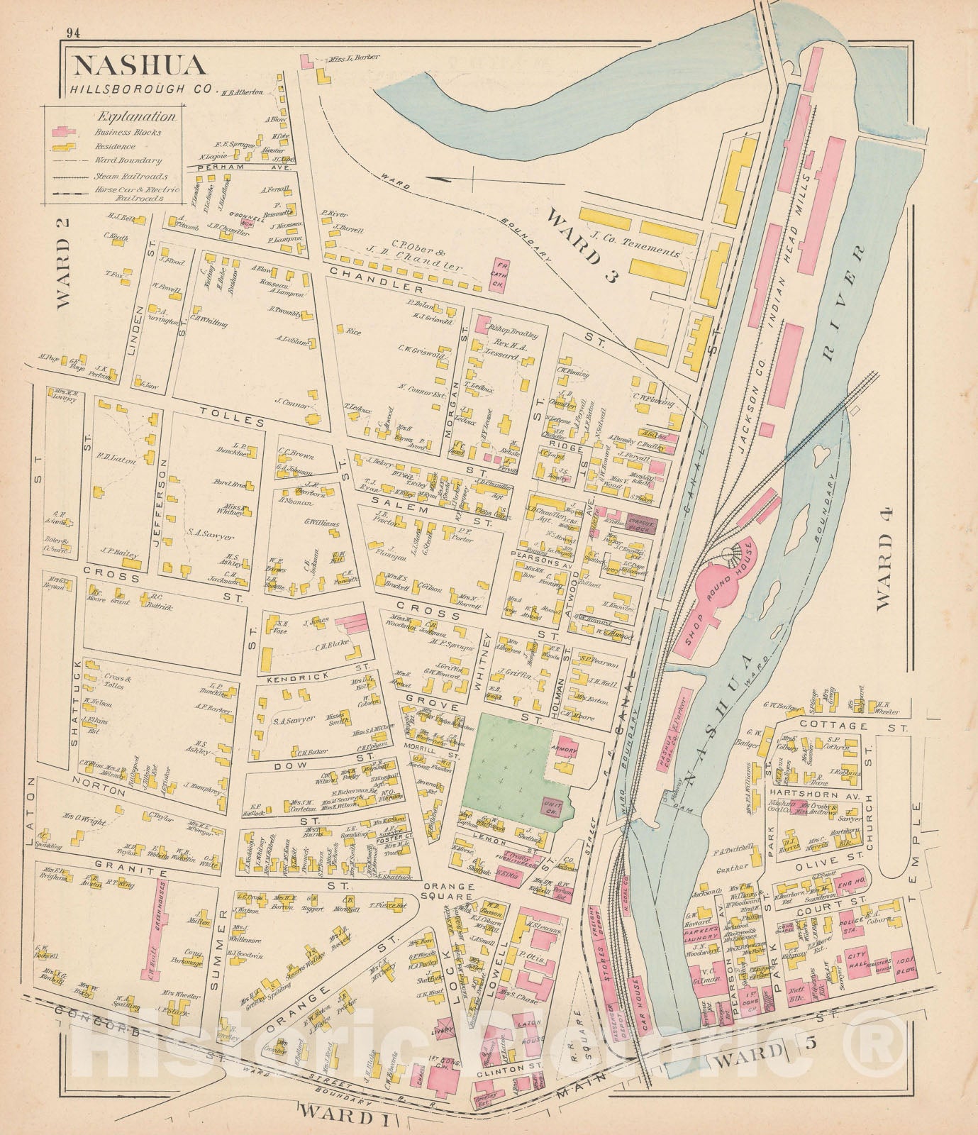 Historic Map : Nashua 1892 , Town and City Atlas State of New Hampshire , v4, Vintage Wall Art
