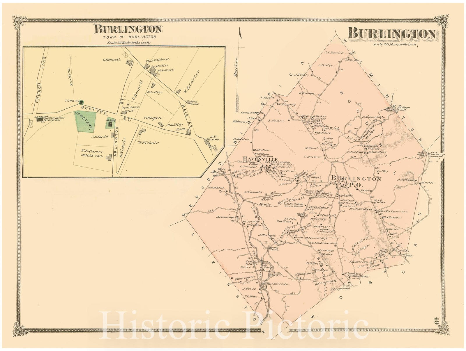 Historic Map : County Atlas of Middlesex Massachusetts, Burlington 1875 , Vintage Wall Art