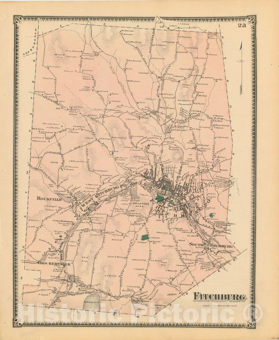 Historic Map : Atlas of Worcester County, Massachsuetts, Fitchburg 1870 , Vintage Wall Art