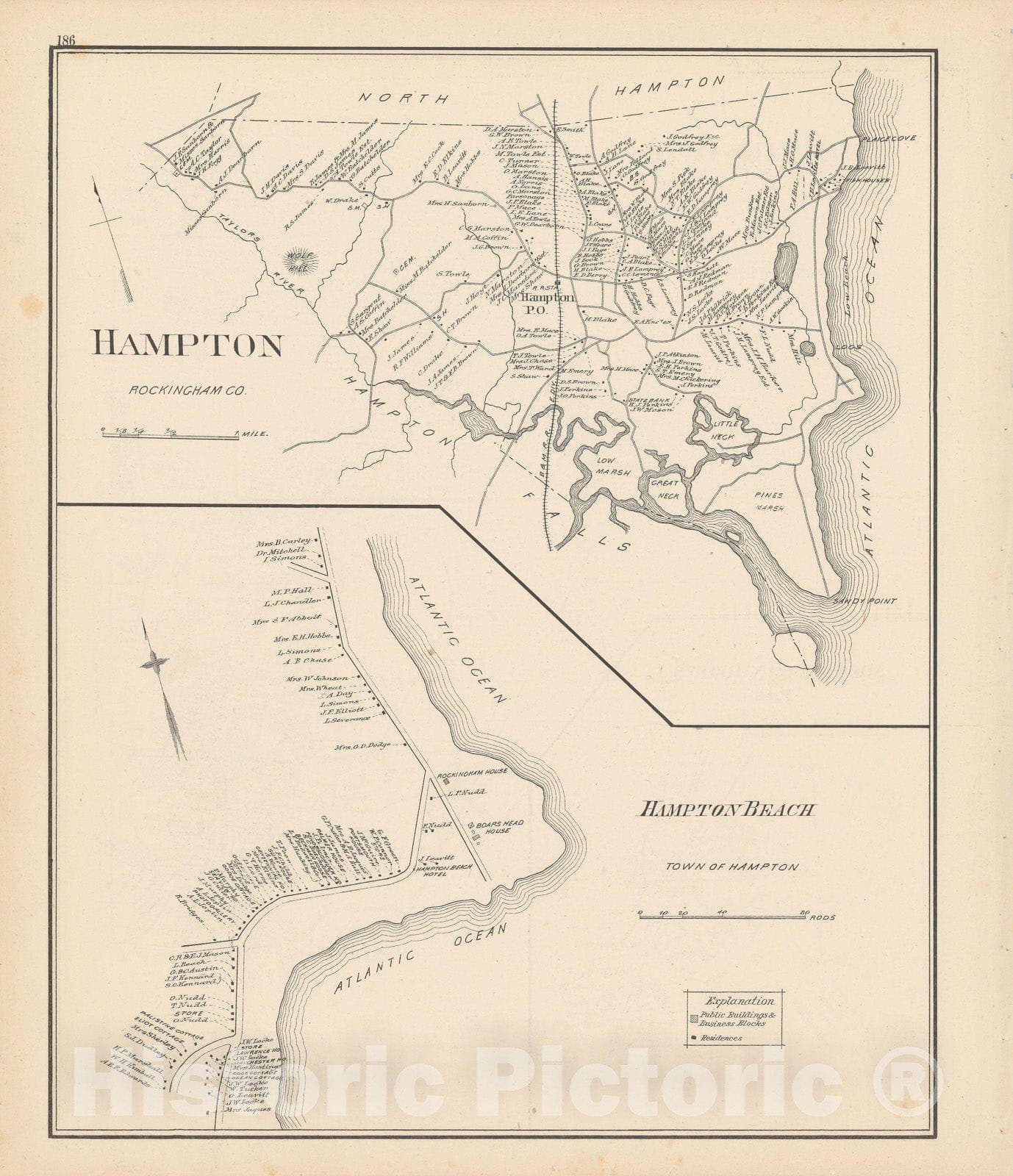 Historic Map : Hampton 1892 , Town and City Atlas State of New Hampshire , Vintage Wall Art