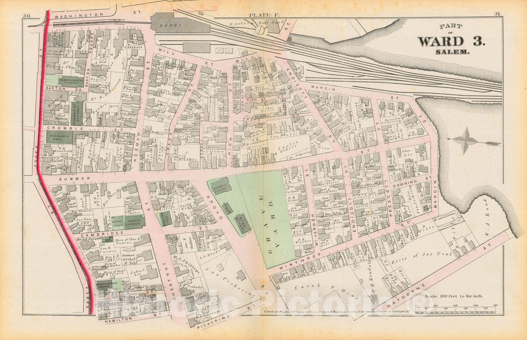 Historic Map : Atlas City of Salem, Massachusetts, Salem 1874 Plate F , Vintage Wall Art