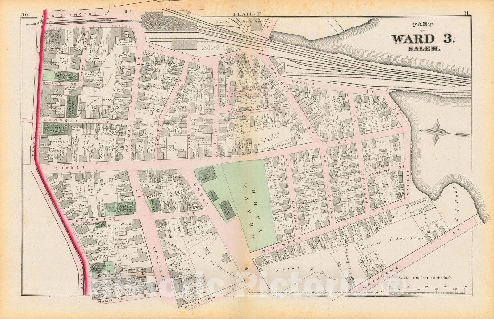 Historic Map : Atlas City of Salem, Massachusetts, Salem 1874 Plate F , Vintage Wall Art