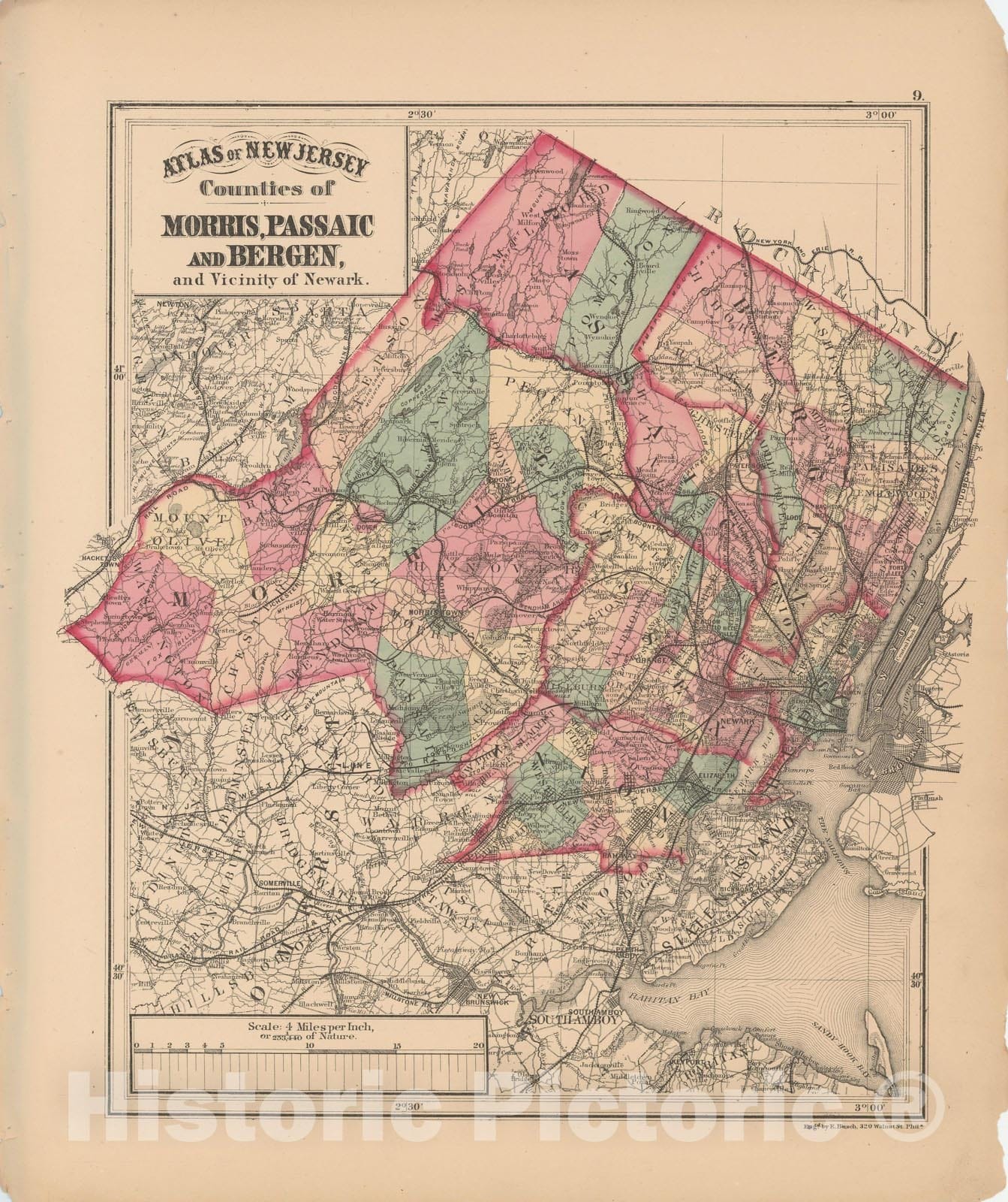 Historic Map : Combined Atlas State of New Jersey & The County of Hudson, Bergen & Morris & Passaic 1873 , Vintage Wall Art