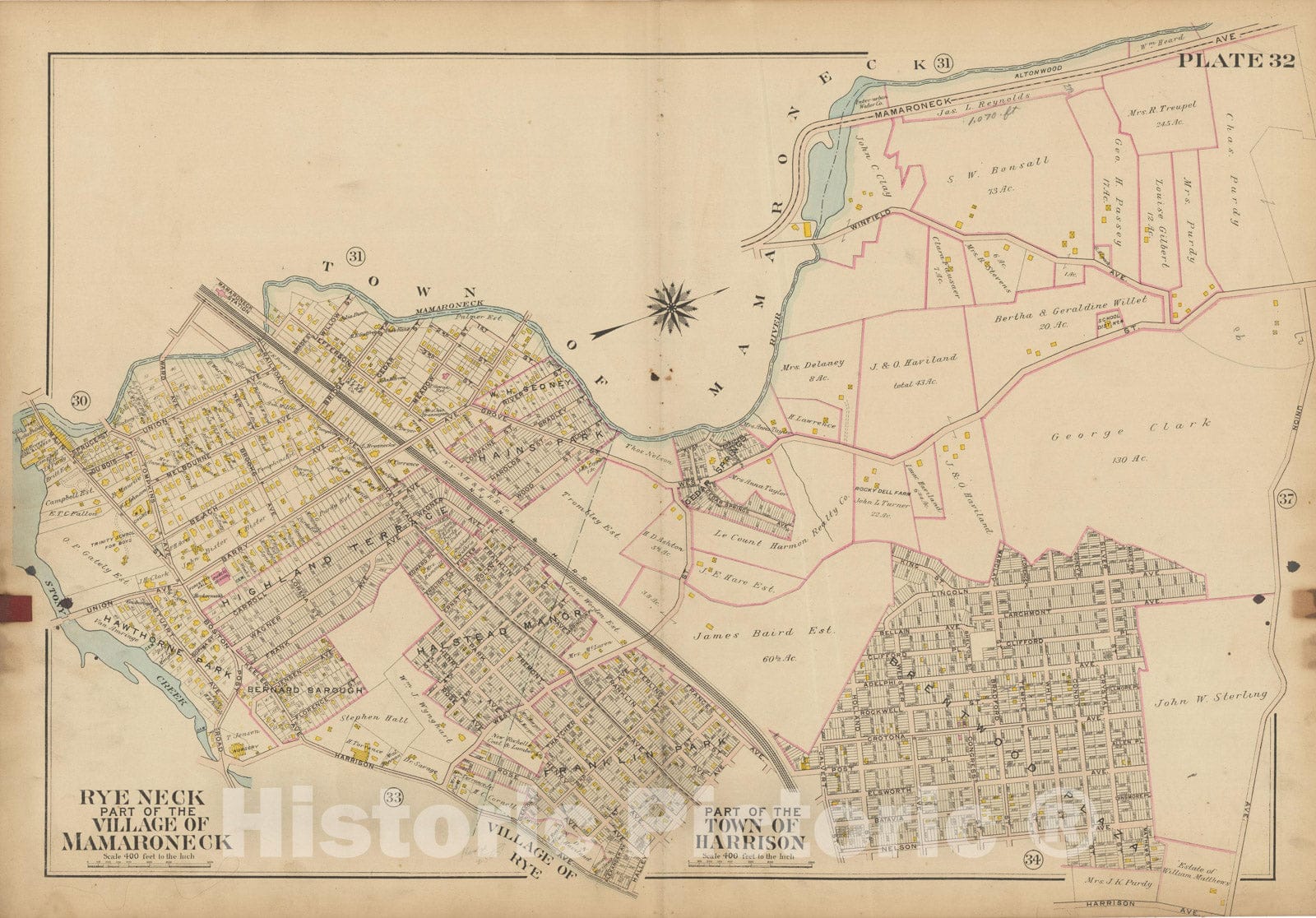 Historic Map : Atlas of Westchester County, NY, Vol. 1, Mamaroneck 1910 Plate 032 , Vintage Wall Art