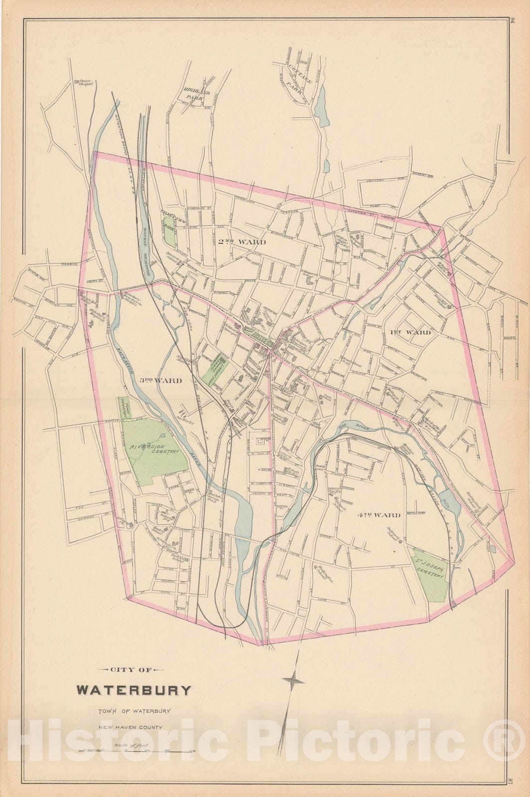 Historic Map : Waterbury 1893 , Town and City Atlas State of Connecticut , Vintage Wall Art