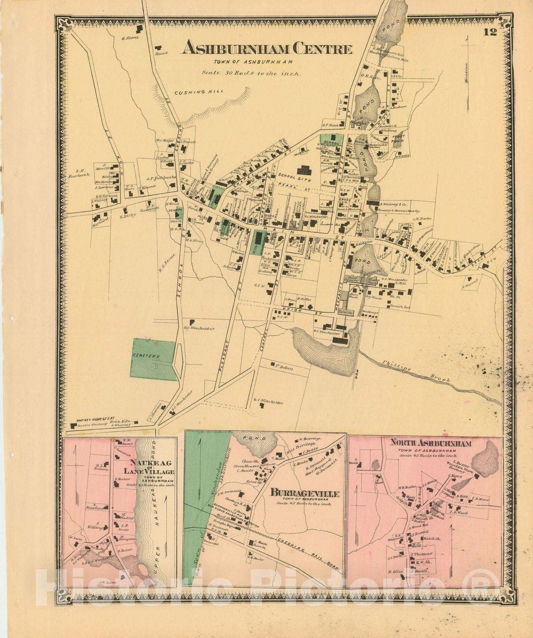 Historic Map : Atlas of Worcester County, Massachsuetts, Ashburnham 1870 , Vintage Wall Art