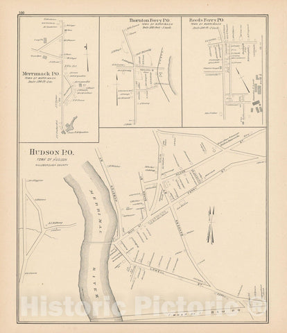 Historic Map : Hudson & Merrimack 1892 , Town and City Atlas State of New Hampshire , Vintage Wall Art